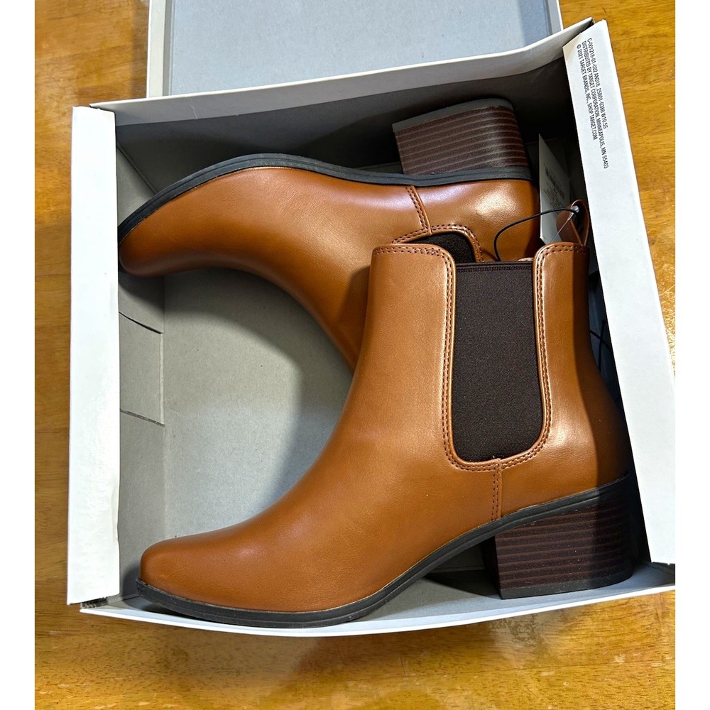 A New Day Ellie Ankle Boots Brown Memory Foam Chelsea Heeled Booties Women 7 W
